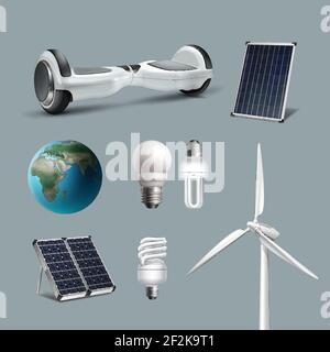 Vector set alternative and renewable energy with wind-powered electrical generators, solar panels, energy saving lamps, clean planet, hoverboard Stock Vector