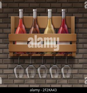 Vector wine bottles and wine glasses on wooden shelf in bar on bricks background Stock Vector