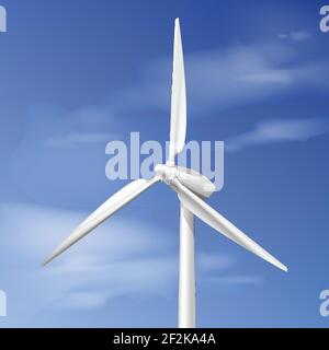 Vector illustration with wind turbine over blue cloudy sky Stock Vector