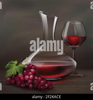 Vector illustration. Glass of red wine next to decanter and bunch of grapes on wood table Stock Vector