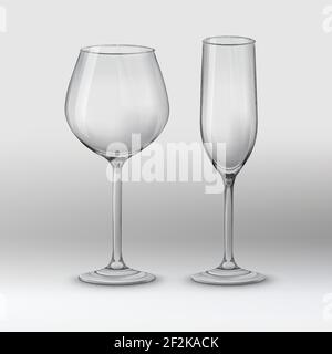 Vector illustration. Two types of glasses: wine glass and champagne flute. Empty and transparent on gray background Stock Vector