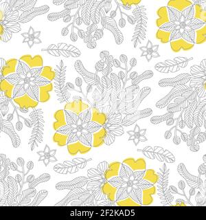 Doodle flowers seamless pattern in trendy colors for 2021, ultimate gray and Illuminating, page adult coloring books, monocrome outline floral vector Stock Vector