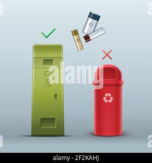 Vector green battery recycle bin for waste sorting front view Stock Vector