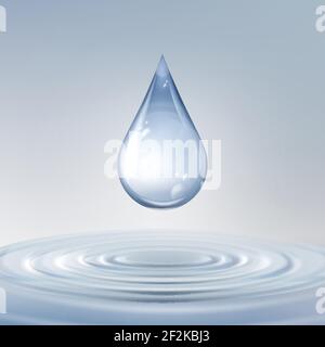 Vector clean shiny blue drop with circles on water close up front view Stock Vector