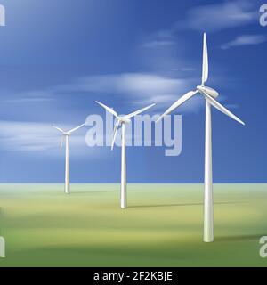Vector illustration with wind turbines on the green grass over the blue cloudy sky Stock Vector