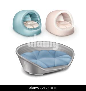 Vector soft pet houses and plastic dog bed isolated on white background Stock Vector