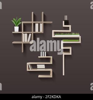 Vector modern wooden bookshelf with books and plants in interior, isolated on brown wall background Stock Vector