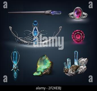 Vector set of jewelry items with gemstones isolated on dark background Stock Vector