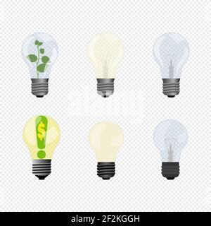Vector illustration of various electric lighting bulbs. One of lamps with growing plant inside, the other with money idea. Yellow and blue light shade Stock Vector