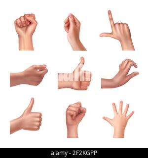 Set of hands in different gestures, emotions and signs on white background Stock Vector