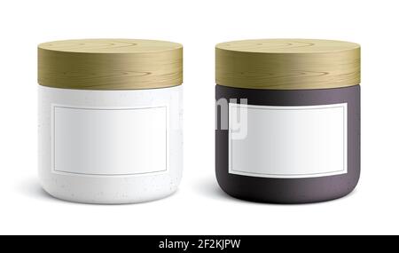 Vector mockup of white and black containers with blank labels, covered with a wooden lid. Realistic illustration of the round ceramic jar with copy space, standing isolated on a white background. Stock Vector
