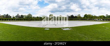 Wroclaw, Poland - May 13 2020: Wide panorama of fountain near pergola and old Centennial Hall Stock Photo