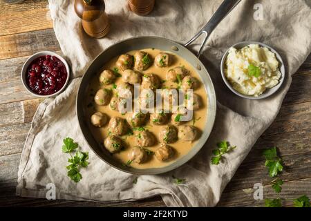 Homemade Healthy Swedish Meatballs with Potatoes and Gravy Stock Photo