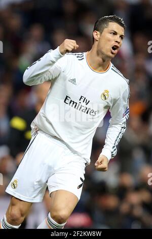 Cristiano Ronaldo of Real Madrid celebrates during the UEFA Champions League 2013 2014 football match semi final first leg between Real Madrid and Bayern Munich on April 23 2014 at Santiago Bernabeu s...