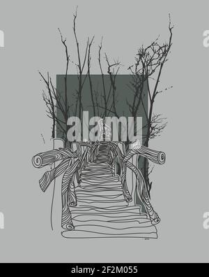 Wooden bridge in the jungle illustration Stock Vector