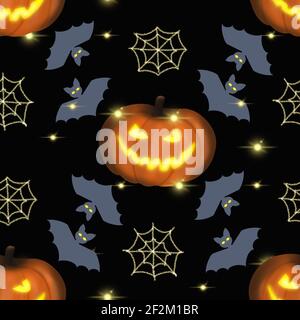 The seamless pattern for Halloween with pumpkin bat and spider web on a black background with stars Stock Photo