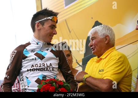 Romain Bardet of France riding for AG2R La Mondiale is congraulated by Raymond Poulidor (former french rider who won the same stage 40 years ago) on the podium during the Tour of France, UCI World Tour 2014, Stage 17, Saint-Gaudens - Saint-Lary Pla d'Adet (224,5 km), on July 23, 2014 - Photo Manuel Blondeau / AOP Press / DPPI Stock Photo