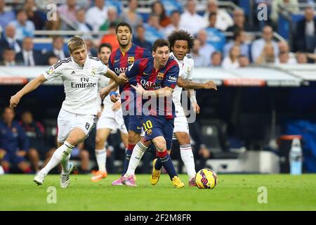 Lionel Messi of FC Barcelona duels for the ball with Toni Kroos of Real Madrid during the Spanish Championship Liga football match between Real Madrid CF and FC Barcelona, at Santiago Bernabeu Stadium in Madrid, Spain, on October 25, 2014. Photo Manuel Blondeau / AOP.press / DPPI Stock Photo