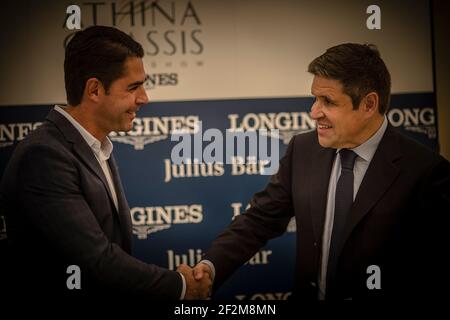 ALVARO DE MIRANDA (Rider) and Mr JUAN-CARLOS CAPELLI (LONGINES INTERNATIONAL MARKETING DIRECTOR), during the Press conference at the Bristol hotel in Paris, France, on May 21, 2014 for the Longines Athina Onassis Horse Show in June 5th-7th in Pampelonne beach, Saint Tropez, France - Photo Christophe Bricot / DPPI Stock Photo