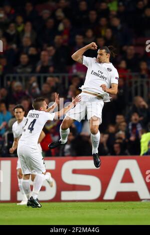 Zlatan Ibrahimovic of Paris SG celebrates after scoring his side's opening goal during the UEFA Champions League, Group F, football match between FC Barcelona and Paris Saint Germain on December 10, 2014 at Camp Nou stadium in Barcelona, France. Photo Manuel Blondeau / AOP PRESS / DPPI Stock Photo