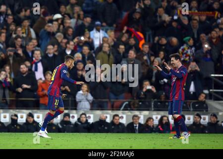 Neymar of FC Barcelona celebrates with Lionel Messi after scoring his side's second goal during the UEFA Champions League, Group F, football match between FC Barcelona and Paris Saint Germain on December 10, 2014 at Camp Nou stadium in Barcelona, France. Photo Manuel Blondeau / AOP PRESS / DPPI Stock Photo