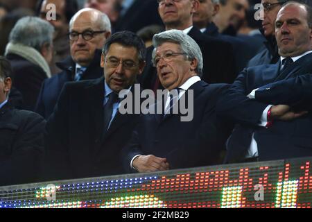 President Josep Maria Bartomeu (L) of FC Barcelona talks to President Enrique Cerezo of Atletico de Madrid during the Spanish Championship, la Liga, football match between FC Barcelona and Atletico de Madrid, at Camp Nou Stadium in Barcelona, Spain, on January 11, 2015.Photo Manuel Blondeau / AOP.press / DPPI Stock Photo