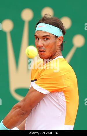 Rafael Nadal of Spain in action against Lucas Pouille of France during The ATP Monte-Carlo Rolex Masters 2015, at Monte-Carlo Country Club in Roquebrune-Cap-Martin, France, on April 15, 2015. Photo Manuel Blondeau / AOP PRESS / DPPI Stock Photo