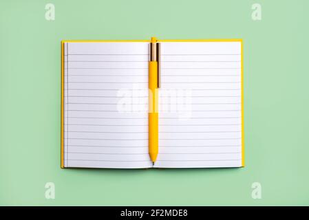 Open diary with copy space and yellow pen on a green background.Workspace desk Stock Photo