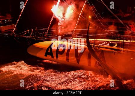Charlie Dalin (fra) sailing on the Imoca Apivia during the arrival of the 2020-2021 Vendée Globe, 9th edition of the solo non-stop round the world yacht race, on January 27th 2021 in Les Sables-d'Olonne, France - Photo Christophe Favreau / DPPI Stock Photo