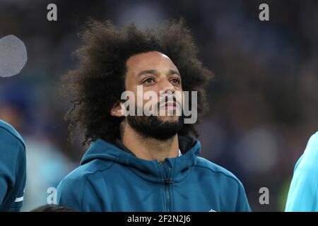 MARCELO of Real Madrid looks on during the team line up ahead of the UEFA Champions League, quarter final, 2nd leg football match between Real Madrid CF and Juventus FC on April 11, 2018 at Santiago Bernabeu stadium in Madrid, Spain - Photo Manuel Blondeau / AOP Press / DPPI Stock Photo