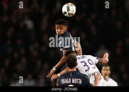 Paris Saint-Germain's French midfielder Christopher Nkunku heads the ball during the French Championship Ligue 1 football match between Paris Saint-Germain and Toulouse FC on February 19, 2017 at the Parc des Princes stadium in Paris, France - Photo Benjamin Cremel / DPPI Stock Photo