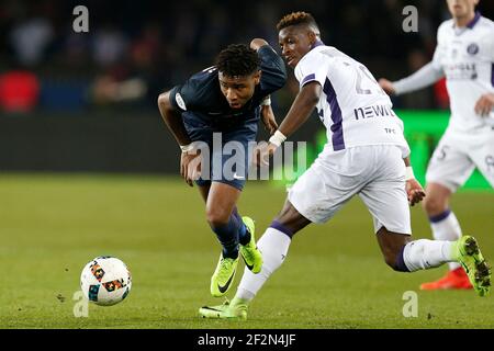 Paris Saint-Germain's French midfielder Christopher Nkunku runs with the ball during the French Championship Ligue 1 football match between Paris Saint-Germain and Toulouse FC on February 19, 2017 at the Parc des Princes stadium in Paris, France - Photo Benjamin Cremel / DPPI Stock Photo