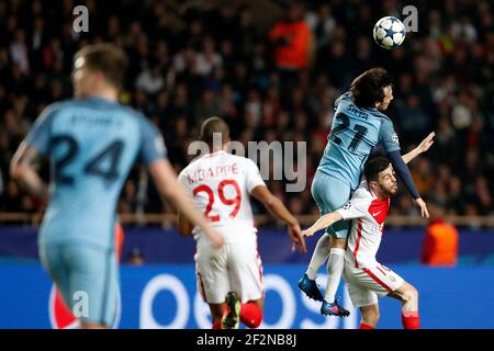 Manchester City's Spanish midfielder David Silva heads the ball during the UEFA Champions League football match between AS Monaco and Manchester City on March 15, 2017 at Louis II stadium in Monaco - Photo Benjamin Cremel / DPPI Stock Photo