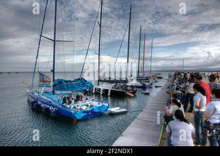 SAILING - TRANSAT JACQUES VABRE - COSTA RICA - 19/11/2011 - PHOTO : CHRISTOPHE LAUNAY / DPPI - HUGO BOSS - Alex THOMSON (GBR) / Guillermo ALTADILL (ESP) - 2ND - PODIUM Stock Photo