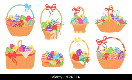 Easter baskets. Painted chocolate eggs in wicker basket with ribbon, grass, tulip and snowdrop flower. Spring traditional holiday vector set Stock Vector