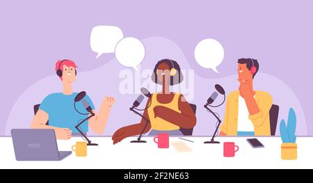 Podcast recording. Radio show host in headset taking interview. Music studio with microphones and laptop. Bloggers broadcast vector concept Stock Vector