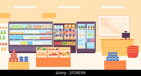 Grocery shop interior. Supermarket with food product shelves, racks with dairy, fruits, fridge with drinks and cashier. Store vector concept Stock Vector