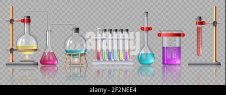 Realistic laboratory equipment. Glass tubes, flasks, burner and beaker with chemicals on holders. Chemistry lab test experiment vector set Stock Vector