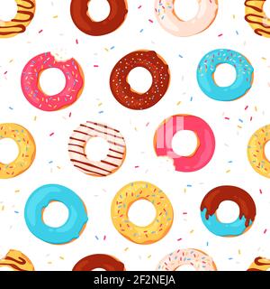 Donuts seamless pattern. Sweet summer print with glazed doughnuts. Bitten donut with pink icing and sprinkles. Bakery dessert vector texture Stock Vector