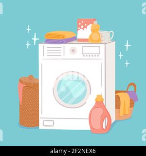 Washing machine and laundry. Cartoon washer, linen baskets and cleaning products, soap powder and conditioner. Clothing wash vector concept Stock Vector