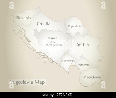 Yugoslavia map, administrative division with names, old paper background vector Stock Vector