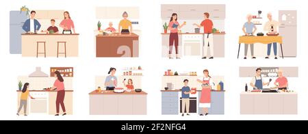 Family cooking at home. Parents, grandparents and kids preparing food for dinner, bake cookies and cake. Mom and child at kitchen vector set Stock Vector