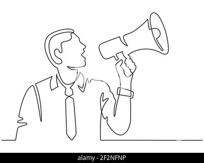 Continuous line man with megaphone. Male silhouette screams in loudspeaker. Businessman hires employee, protests or announces vector concept Stock Vector