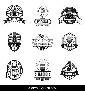 Radio emblems. Podcast, broadcast and studio badges with vintage microphones. Stand up logo with hand holding mic. Music station vector set Stock Vector