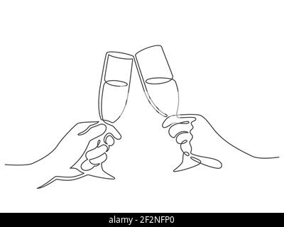 Continuous line champagne cheers. Hands toasting with wine glasses with drinks. Linear people celebrate christmas or birthday vector concept Stock Vector