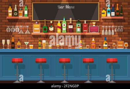 Bar counter. Pub or nightclub interior with table and chairs. Bottles and glasses with alcoholic drinks. Flat alcohol shelves vector concept Stock Vector