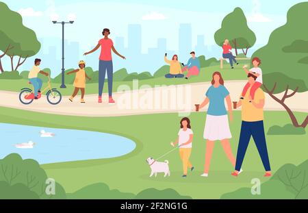 People in city park. Happy families walking dog, playing in nature landscape and riding bicycle. Cartoon outdoor activities vector concept Stock Vector