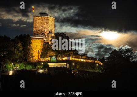 Germany, Baden-Wuerttemberg, Karlsruhe, the Turmberg at full moon. Stock Photo