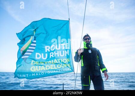 Onboard The Lift 40 ( Class 40 ) Black Mamba-Veedol with the skipper Yoann Richomme training for the Route du Rhum Destination Guadeloupe 2018.The Lift 40 was built at Gepeto Composite and designed by Marc Lombard Yacht Design Group, Lorient Keroman Submarine Base, Brittany, France, Photo Christophe Launay / DPPI Stock Photo