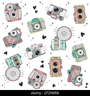 Cute Seamless Pattern Hand drawn Antique Cameras illustration in vector format. Doodle style Vintage Cameras Stock Vector